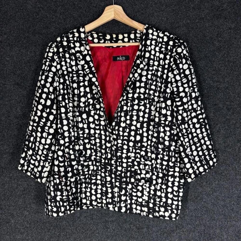 NKD Blazer Women M Medium Black Polka Dot Collared One Button 3/4 Sleeve Lined